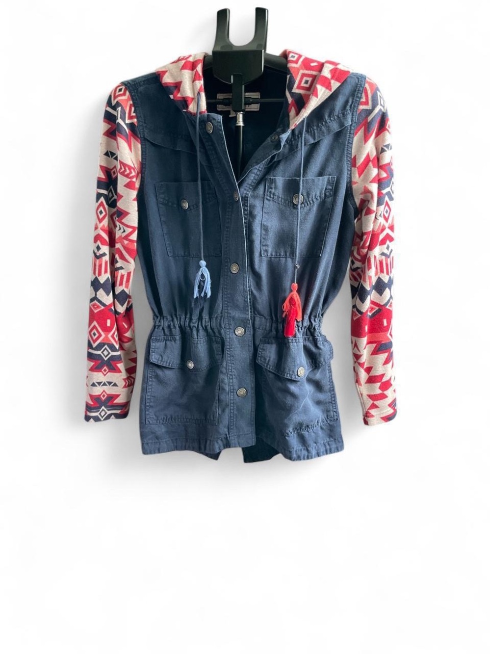 Ariat Navy Utility Jacket with Red & Cream Patterned Hood and Sleeves